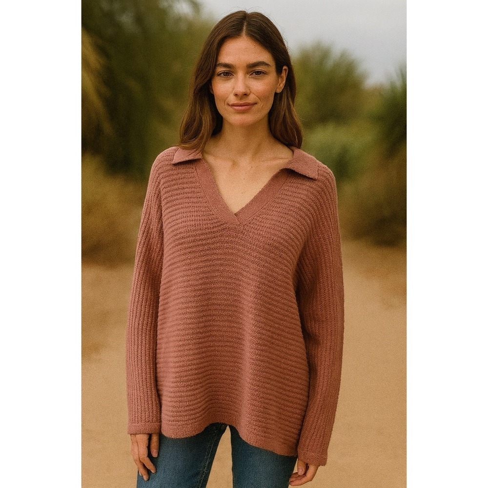 Chic Rose Pink Collared V Neck Ribbed Knit Sweater Pullover‎